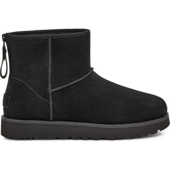NIB UGG WOMEN'S MINI ZIP LOGO SUEDE SHEARLING BOOTS BLACK - Picture 5 of 11